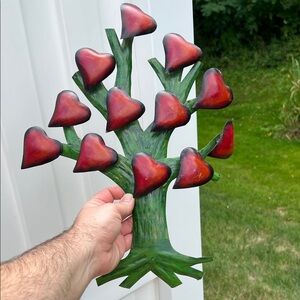 VTG Mexico Handmade Folk Art Tin Giving Tree 3D Red Heart Wall Hanging Decor